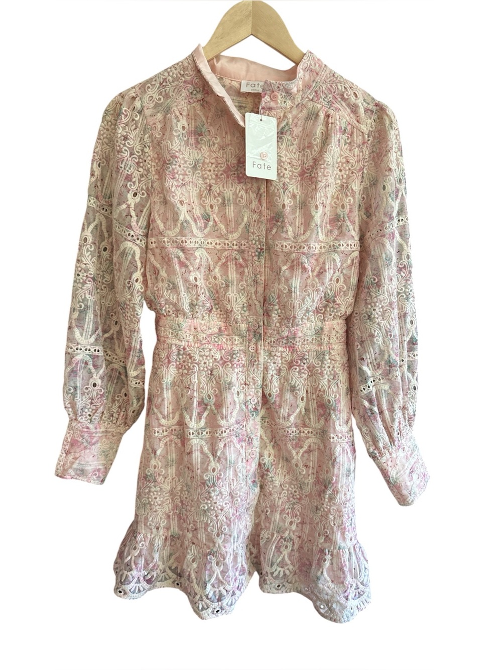 Fate Pink Eyelet Embroidered Mini Dress S Cottagecore Boho Floral Lace NWT